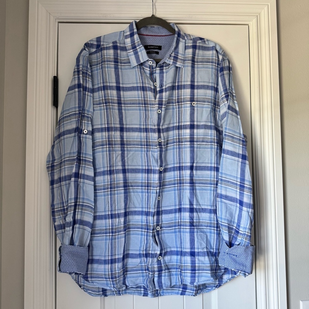 Bugatchi  mens 💯 Linen Multicolored‎ Long sleeve shirt Preppy Classic